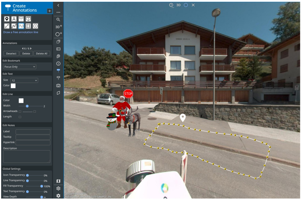 Screenshot showcasing create annotations tab on the sidebar being open, as well as some example annotations made on a 3D picture