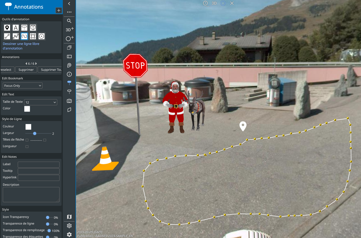 Capture d'écran montrant l'ouverture de l'onglet Créer des annotations dans la barre latérale, ainsi que quelques exemples d'annotations faites sur une image 3D.