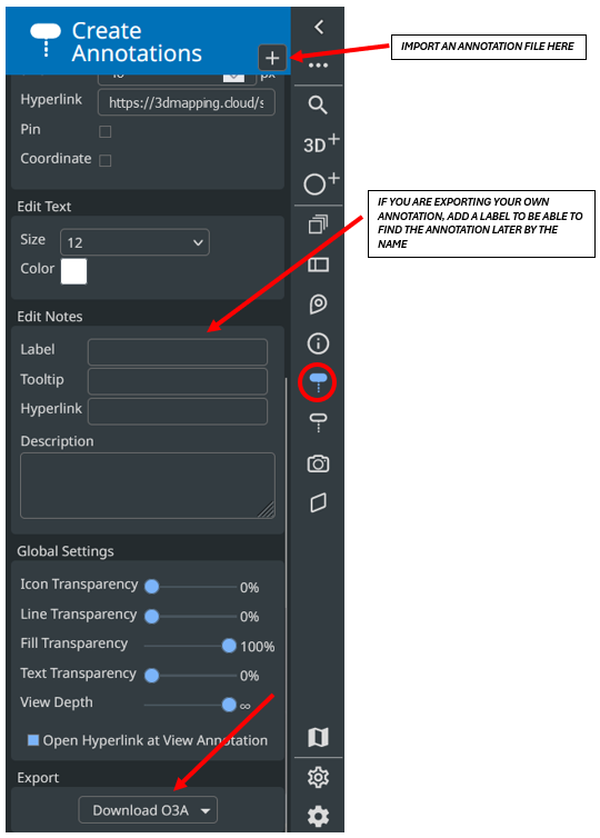 Screenshot showcasing how to create annotations in the create annotations tab on the sidebar, how to import existing annotations, how to label your own and export them
