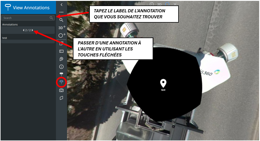 Capture d'écran montrant comment afficher les annotations dans l'onglet 'Voir les annotations' de la barre latérale, effectuer une recherche par étiquette, passer d'une annotation à l'autre.