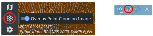 Screenshot 1 showcasing how to access overlay point cloud on image feature on the sidebar; screenshot 2 showcasing how to open 3D view of the point cloud instead of the street view by clicking 3D button at the top of the screen