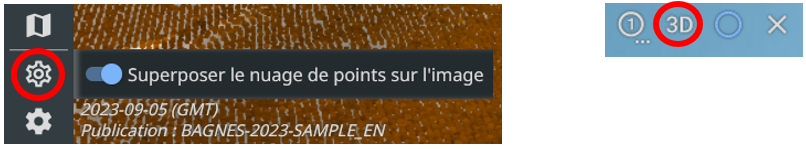 La capture d'écran 1 montre comment accéder à la fonction de superposition du nuage de points sur l'image dans la barre latérale ; la capture d'écran 2 montre comment ouvrir la vue 3D du nuage de points au lieu de la vue de la rue en cliquant sur le bouton 3D en haut de l'écran.