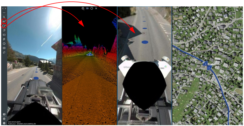 Capture d'écran montrant la vue 3D du nuage de points, du maillage et des ressources vectorielles, ainsi que les vues 3D et 2D, et l'image sphérique mobile, toutes côte à côte.