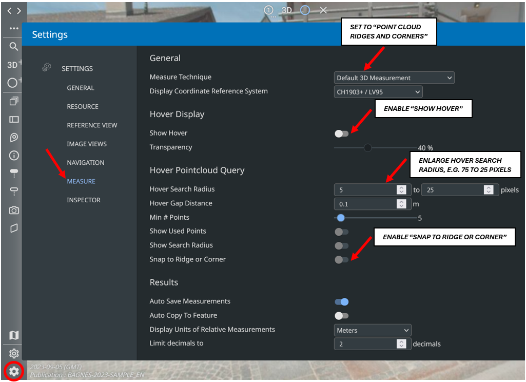 Screenshot showcasing settings that should be adjusted in the settings tab to perform ridges, intersections, corners measures