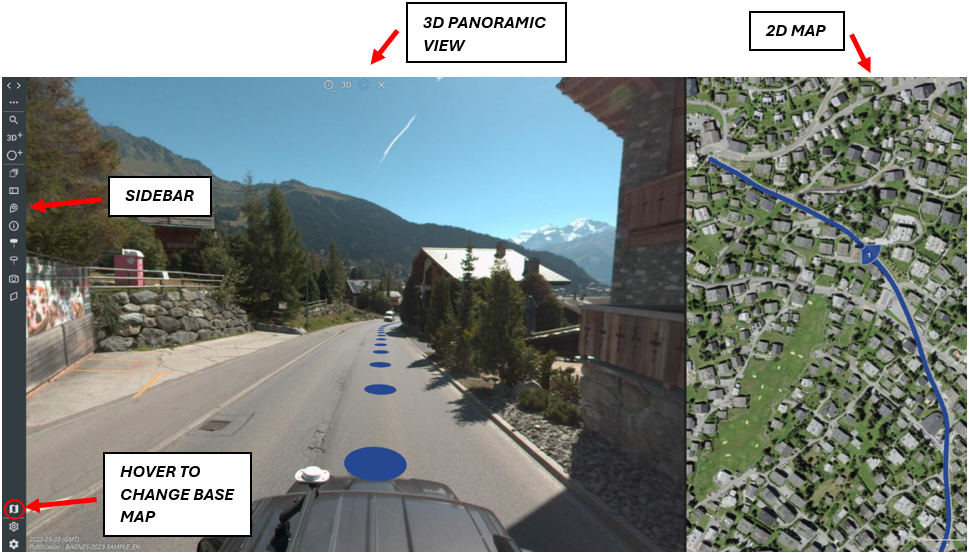 Screenshot of user interface showcasing 3D map on the left and 2D map on the right by default
