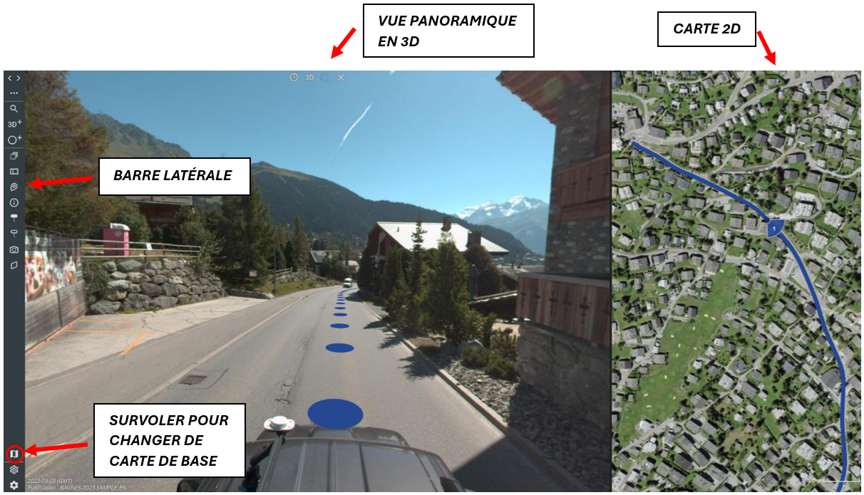 Capture d'écran de l'interface utilisateur présentant la carte en 3D à gauche et la carte en 2D à droite par défaut.