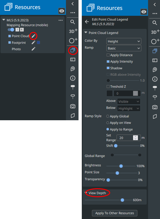 Screenshot showcasing resourses tab of the sidebar, selecting point cloud feature, adjusting styling of the point cloud, changing depth of view